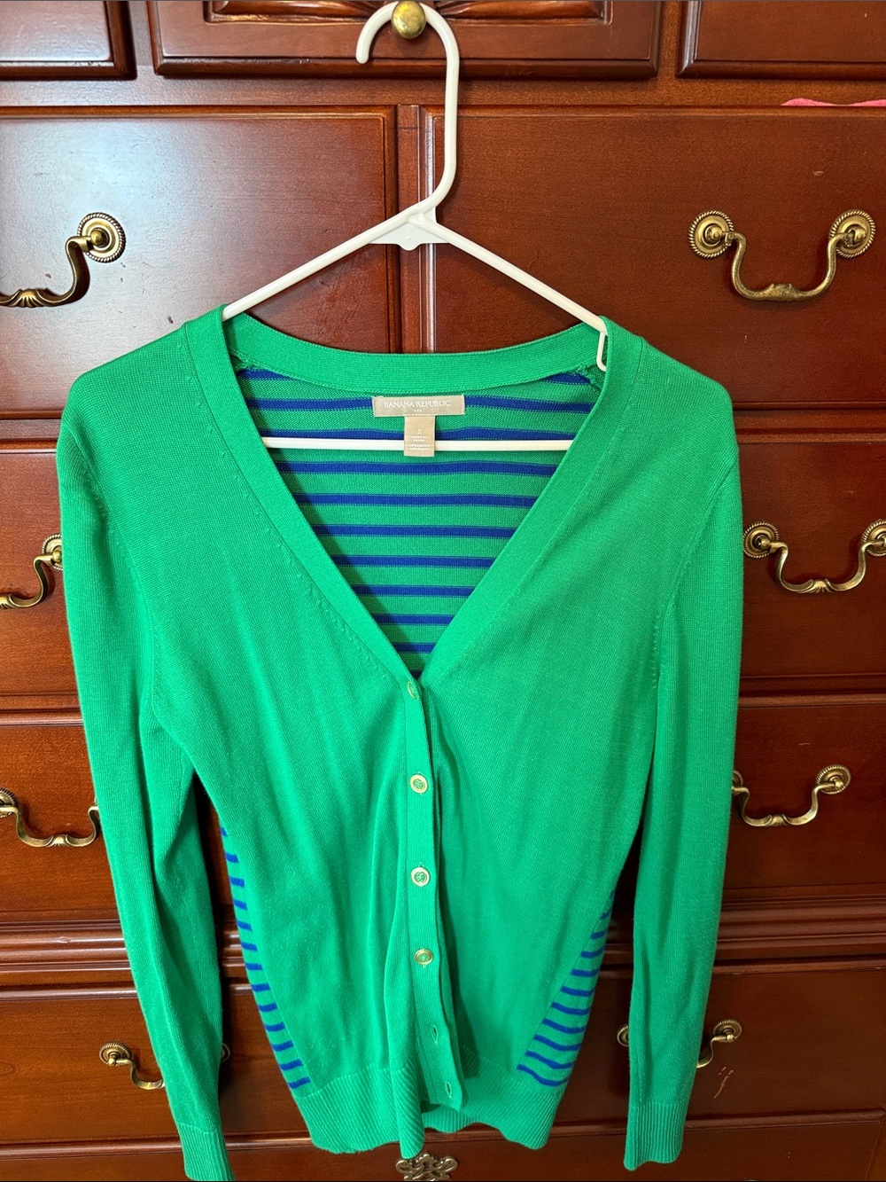 Banana Republic Green Cardigan with Blue Stripe on back only; gold buttons; S